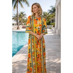 Vintage Floral Maxi Hostess Gown Robe Yellow Orange Blue White Print 1960s Flaws